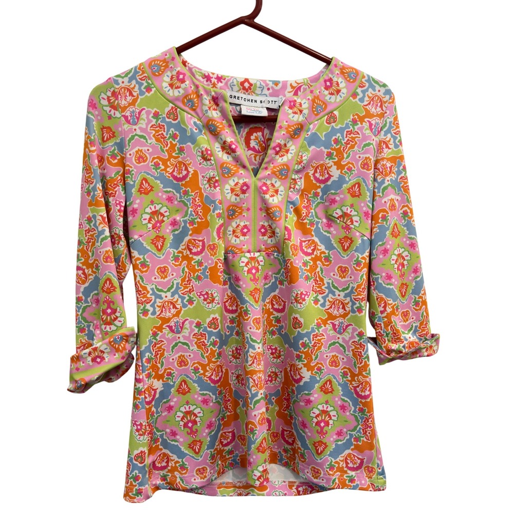 Gretchen Scott Size S Pink Green Paisley Damask Jersey Knit Tunic‎ Top Stretch